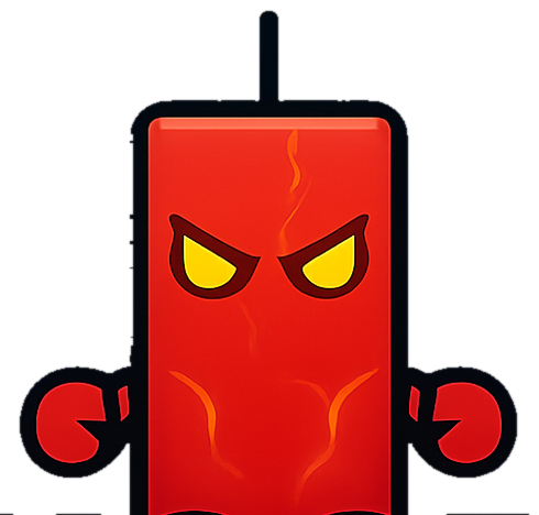 A giant angry red candlestick with glowing yellow eyes and a black wick